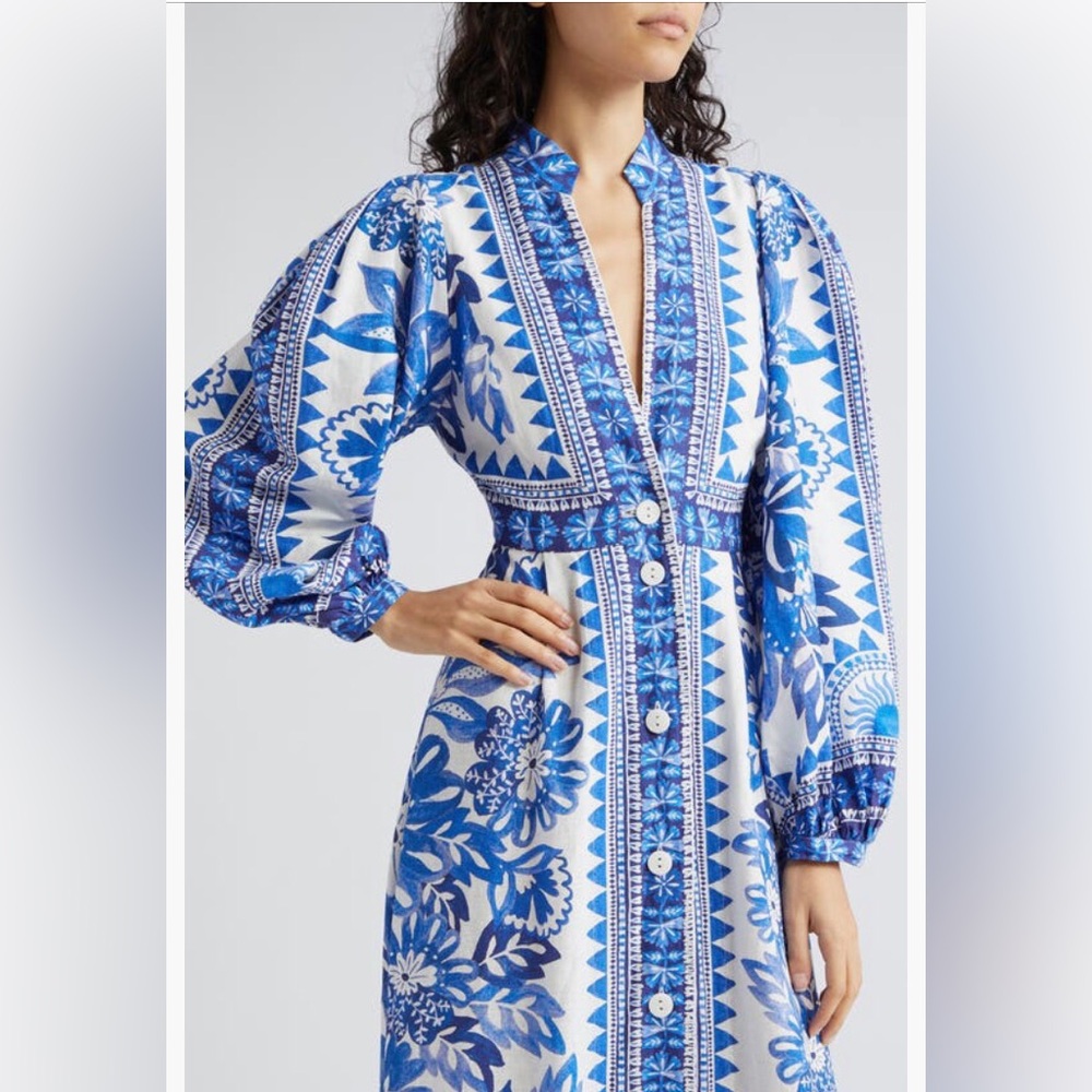 NWT $315 FARM Rio Flora Tapestry Long Sleeve Linen Blend White/Blue Shirtdress! - Picture 4 of 8